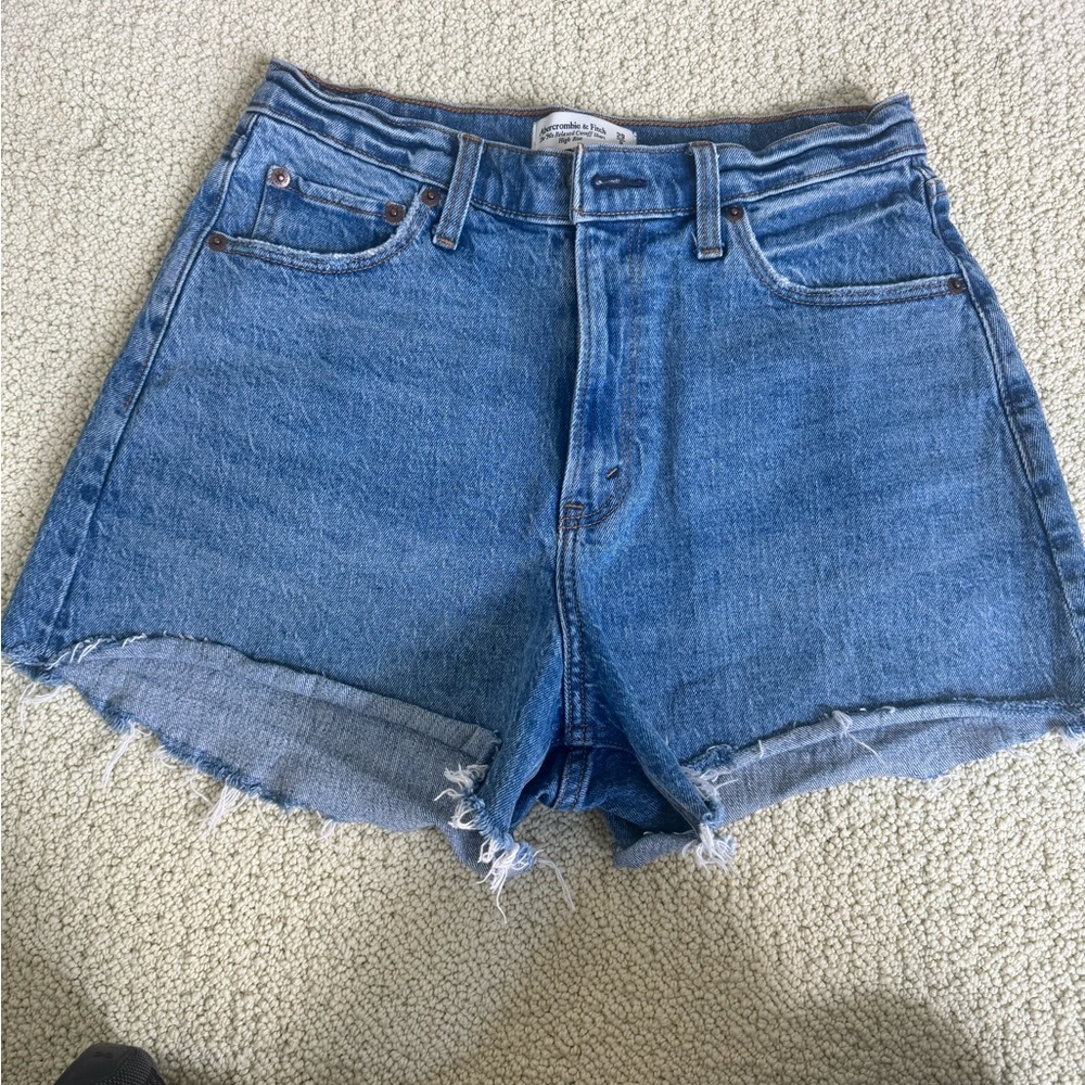 Abercrombie & Fitch High-Rise Raw Hem Denim Shorts - Blue